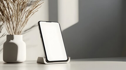 Poster - Minimalist Smartphone Stand with Landscape Oriented Device on White Surface