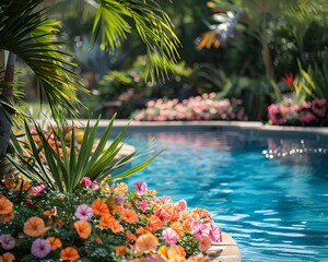 Canvas Print - Lush Tropical Pool Oasis with Vibrant Flowers and Foliage Serene Landscaped Garden Retreat Concept