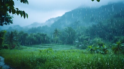 Canvas Print - Lush and Green Rainy Countryside Scenic with Copy Space