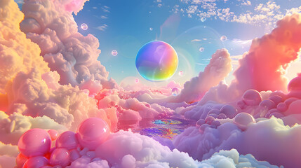 Wall Mural - Dreamy Abstract Background with Rainbow Spheres and Clouds