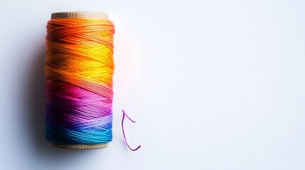 Poster - Vibrant Multicolor Spool of Thread with Unraveled End on White Background