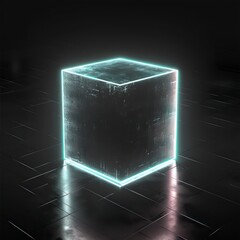 Canvas Print - neon light white cube an linear outlines on a black background