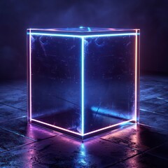 Canvas Print - neon light white cube an linear outlines on a black background