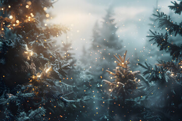 Wall Mural - A forest with snow on the ground and trees with lights on them