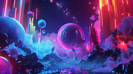 Sticker - Abstract  3D Illustration of Neon Glow Cityscape with Bubbles and Stars