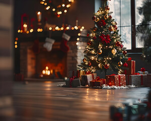 A Christmas tree is lit up in a room with a fireplace. There are many presents under the tree, and a few boxes are scattered around the room. Scene is festive and cozy