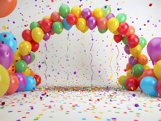 A colorful archway of balloons with confetti on the ground. The balloons are in various colors and sizes, and the confetti adds a festive touch to the scene. The archway creates a sense of celebration