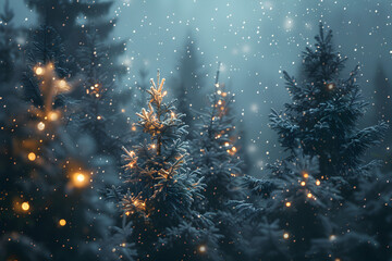 A snowy forest with trees lit up with lights