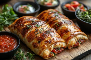 two slices of appetizing, golden brown Calzone pizza, served on a rustic board.