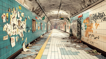 An eerie, abandoned subway station with flickering lights and graffiti-covered walls, embodying a sense of urban decay. 