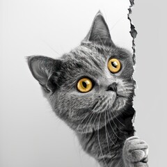 silver cut cat peeking aside on a white background