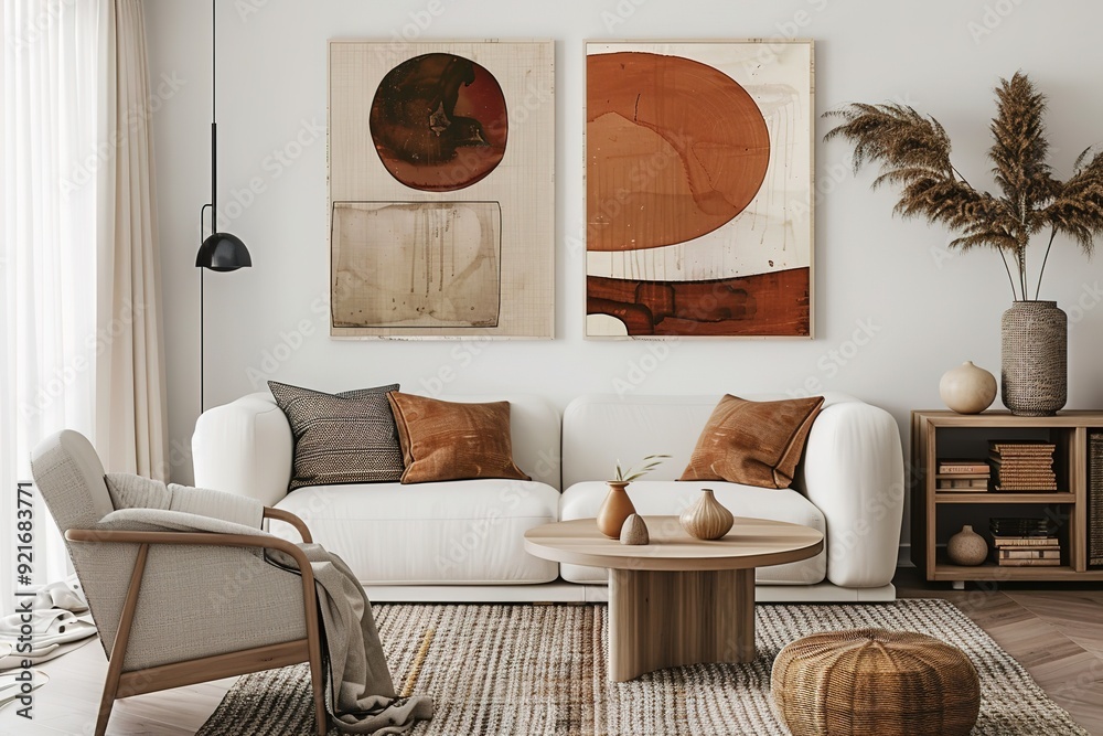 Cozy living room interior with modern furniture and artwork Stock Photo ...