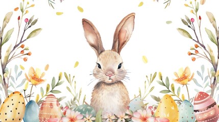 Wall Mural - Cheerful Easter design. Watercolor bunny with floral wreath and eggs for cards or invitations.