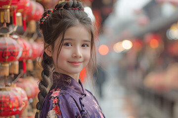 Wall Mural - Chinese female wearing purple cheongsam in lunar new year festival event