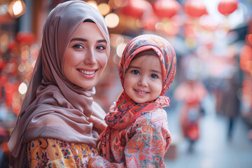 Arabian mother and daughter in cheongsam enjoy the lunar new year celebration