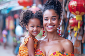 Wall Mural - Afro mother and daughter in cheongsam enjoy the lunar new year celebration