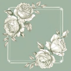 Wall Mural - rectangular frame drawing with white roses on a plain green background