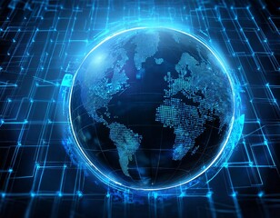 Poster - blue hologram globe with world map with glowing data streams