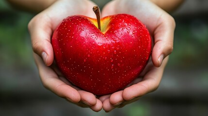 A close-up image of a red apple, shaped like a heart, held in two hands. The apple symbolizes love, health