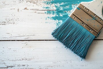 Paintbrush with blue paint on white rustic wood.