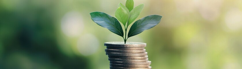 A young plant growing from a stack of coins, symbolizing financial growth and investment in sustainability.