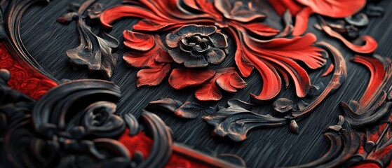 Close-up of intricate black and red design elements revealing rich texture and vibrant color contrasts