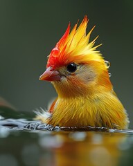 Wall Mural - Close-up of a vibrant yellow and red bird with a spiky crest, partially submerged in water, with water droplets on its feathers.