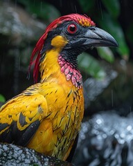 Wall Mural - Close-up of a vibrant, rain-soaked bird with a red crest and yellow feathers.