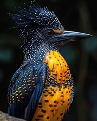 Wall Mural - Close-up of a vibrantly colored bird with black, white, and yellow feathers.