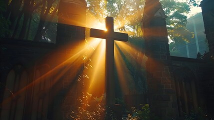 Poster - Sunlit Cross in Serene Forest Landscape Spiritual Concept with Copy Space