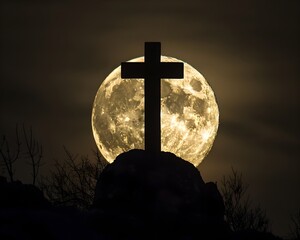 Poster - Mystical Silhouetted Cross Against Full Moon in Serene Night Landscape