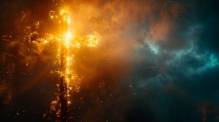 Poster - Glowing Cross of Light Beams Against a Spiritual Dark Background