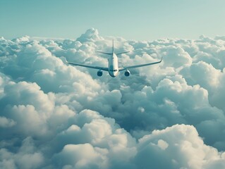 Poster - Serene Airplane Soaring Through Fluffy White Clouds in Tranquil Sky Concept