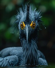 Wall Mural - Close-up portrait of a wet bird with yellow eyes, looking directly at the camera.