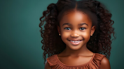 Wall Mural - Portrait of smiling cute African American child girl with perfect skin, gray background, banner.