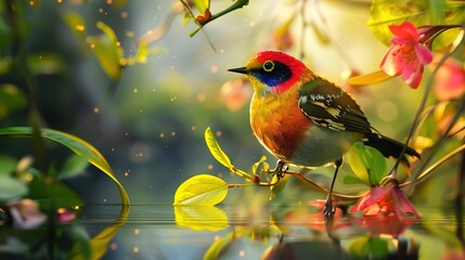 Wall Mural - Colorful bird perched on a branch over a calm pond.