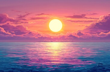 A peaceful sunrise over the water with a light, white sun in a pink and orange sky.