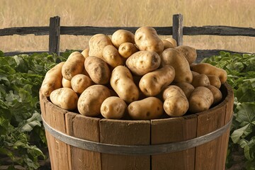 A rustic scene of a wooden bucket brimming with raw potato tubers