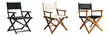 © PRI - Set of three different director chairs isolated on transparent background wooden and fabric chairs for cinema and studio use