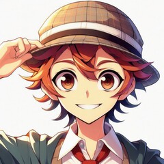 Wall Mural - a boy with brown hair with cap , anime style