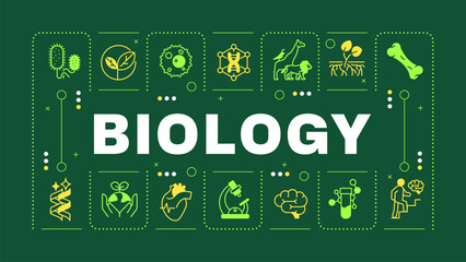 Wall Mural - Biology science green word concept. School subject. Human anatomy. Genetics. Microbiology. Visual communication. Vector art with lettering text, editable glyph icons. Hubot Sans font used