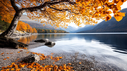 Wall Mural - Golden Autumn Landscape with a Serene Lake and Mountain Views - Perfect for Nature and Travel Themes