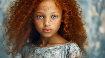 Wall Mural - Portrait of smiling cute African American child girl with red hair and perfect skin, silver background, banner.