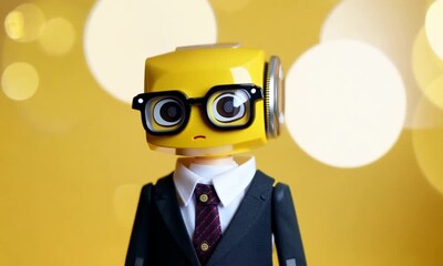 cute yellow robot toy dressed in a school uniform with a tie and glasses against a yellow background with bokeh lights. Back to school concept