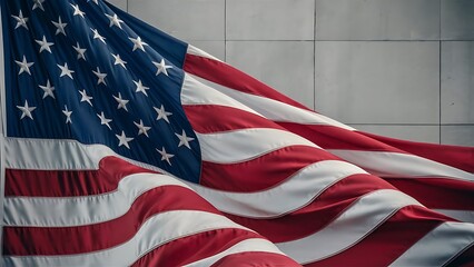 Wall Mural - A close-up of the United States flag with its iconic stars and stripes, draped elegantly against a white background. Perfect for patriotic themes, national holidays, and American pride.