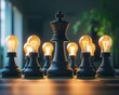© PASSANON - Geometric business growth, The chess pieces have light bulb heads that do not glow, only the king with the light bulb head glows brightly