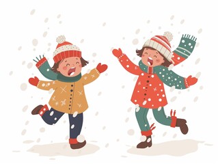 Happy children play snow watercolor illustration isolated on white. AI generated