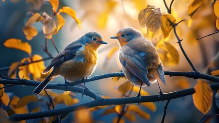 Two small birds perched on a branch, surrounded by golden leaves.