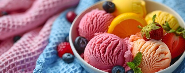 Wall Mural - Vibrant Sorbet Scoops with Fresh Fruit Garnish on Picnic Blanket