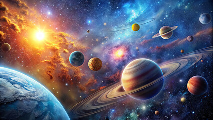 a vibrant representation of the solar system featuring planets, stars, and cosmic clouds in a stunni